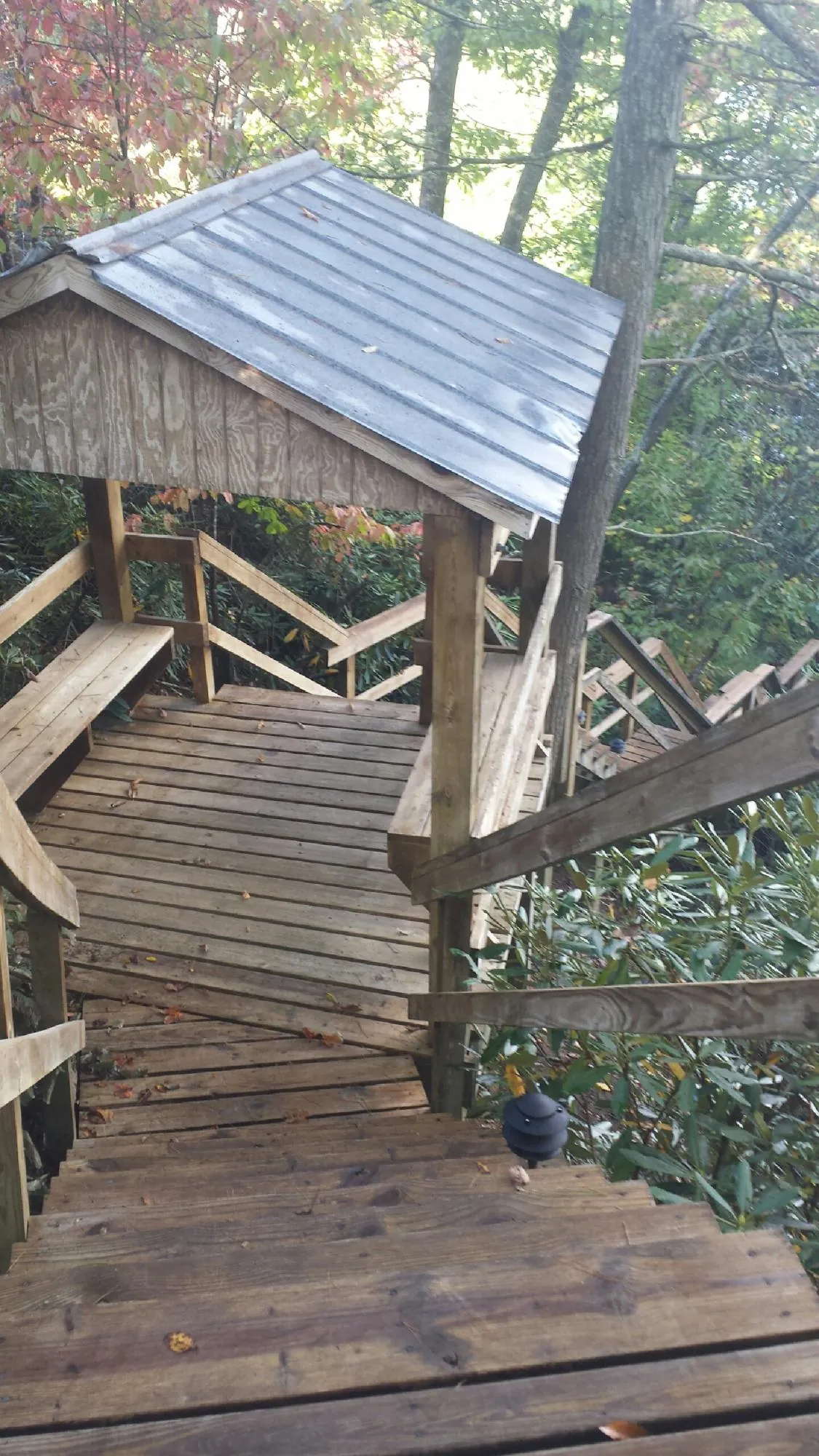 Metal roofed shelter over wooden steps on a wooded walkway — Skylight Repair & Installation work by our crew in Sonyea